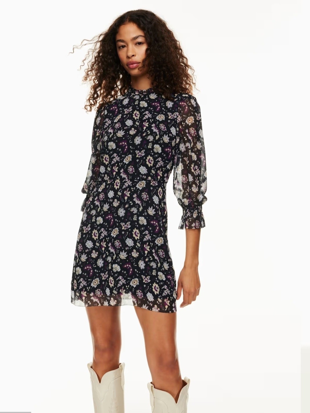 O Wilfred Swept Dress Black Floral Mini Dress with Purple & White Flowers Size 6